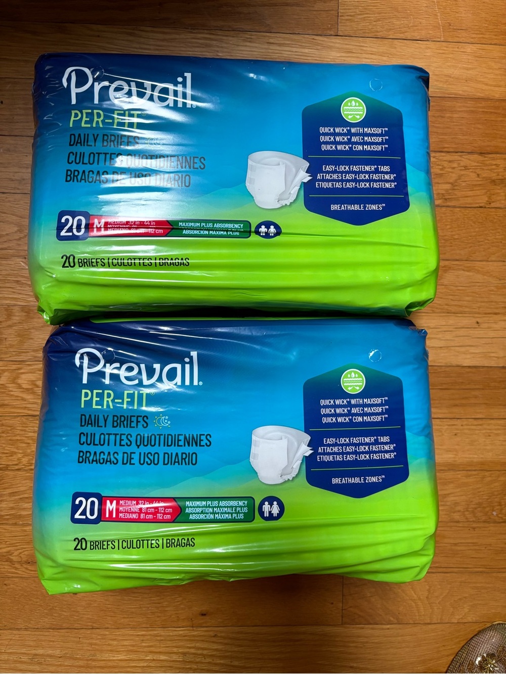 2 Packs of Prevail Per-Fit Daily Briefs - 20 counts in each